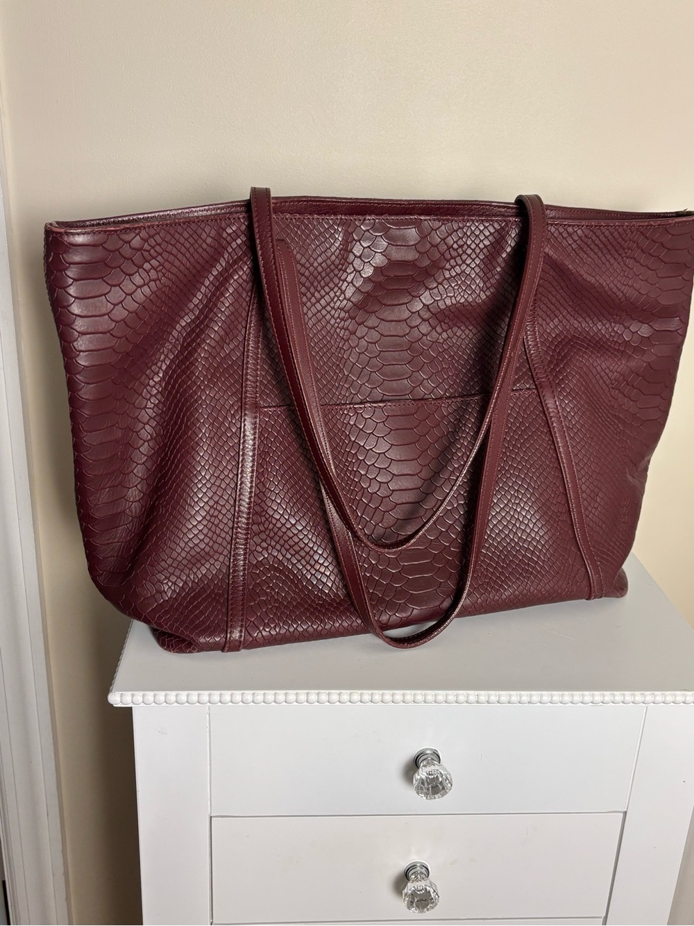 GiGi New York Burgundy Embossed Snakeskin Leather Large Tote Bag